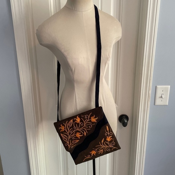 Boho Crossbody Handbag Suede-Feel Embroidered Navy & Orange Floral - Picture 6 of 8